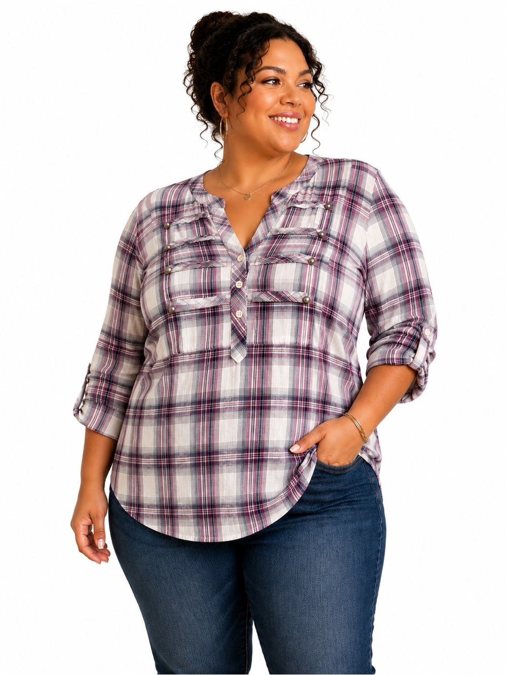 Torrid Plaid Military Henley Blouse 100% Cotton Size 1 1X Purple Blue